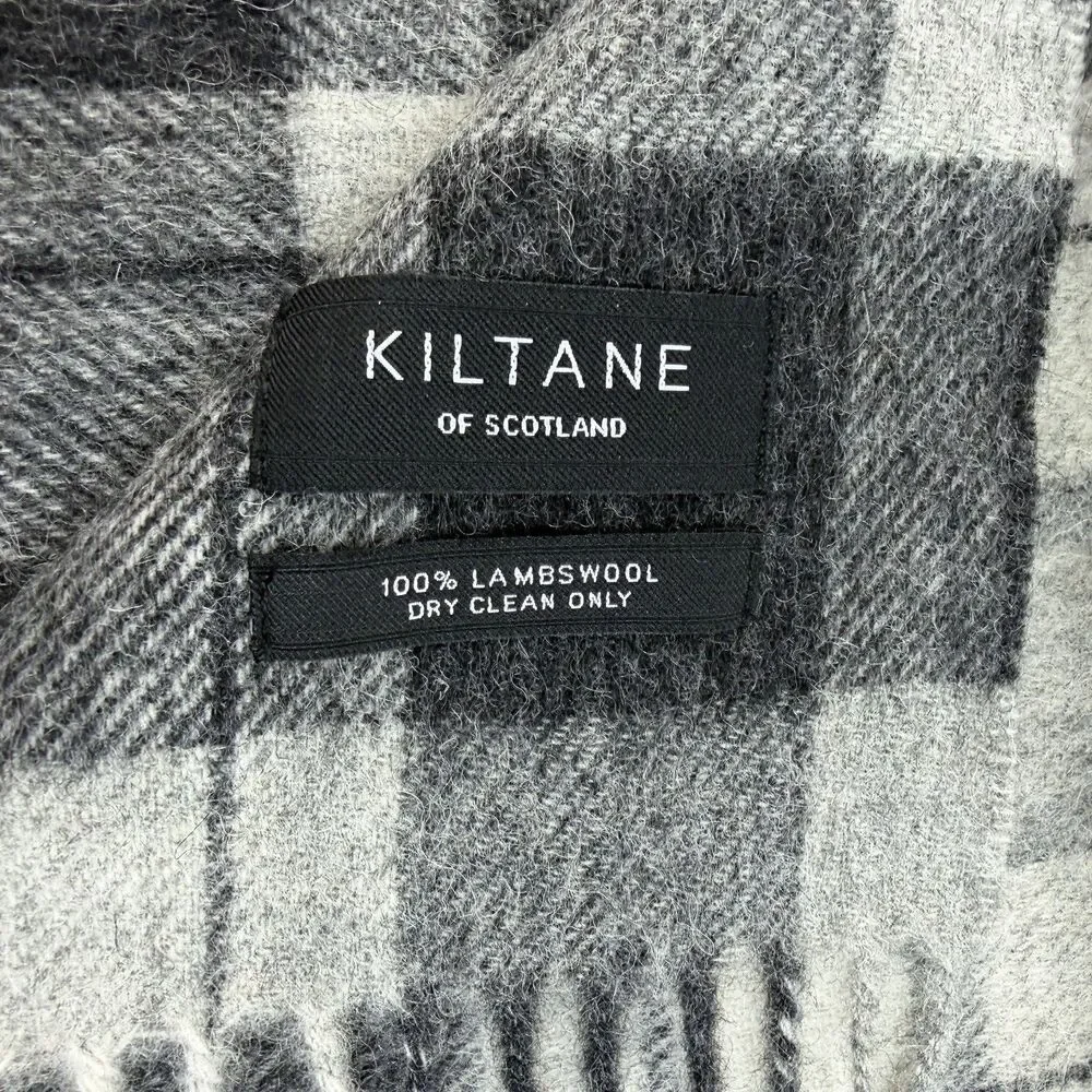 Kiltane Of Scotland  Lambswool Fringe Scarf Black Grey Plaid 11 x 62 Preppy